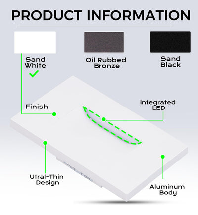 Product diagram of the sand white LED step light with ultra-thin aluminum body and three finish color options