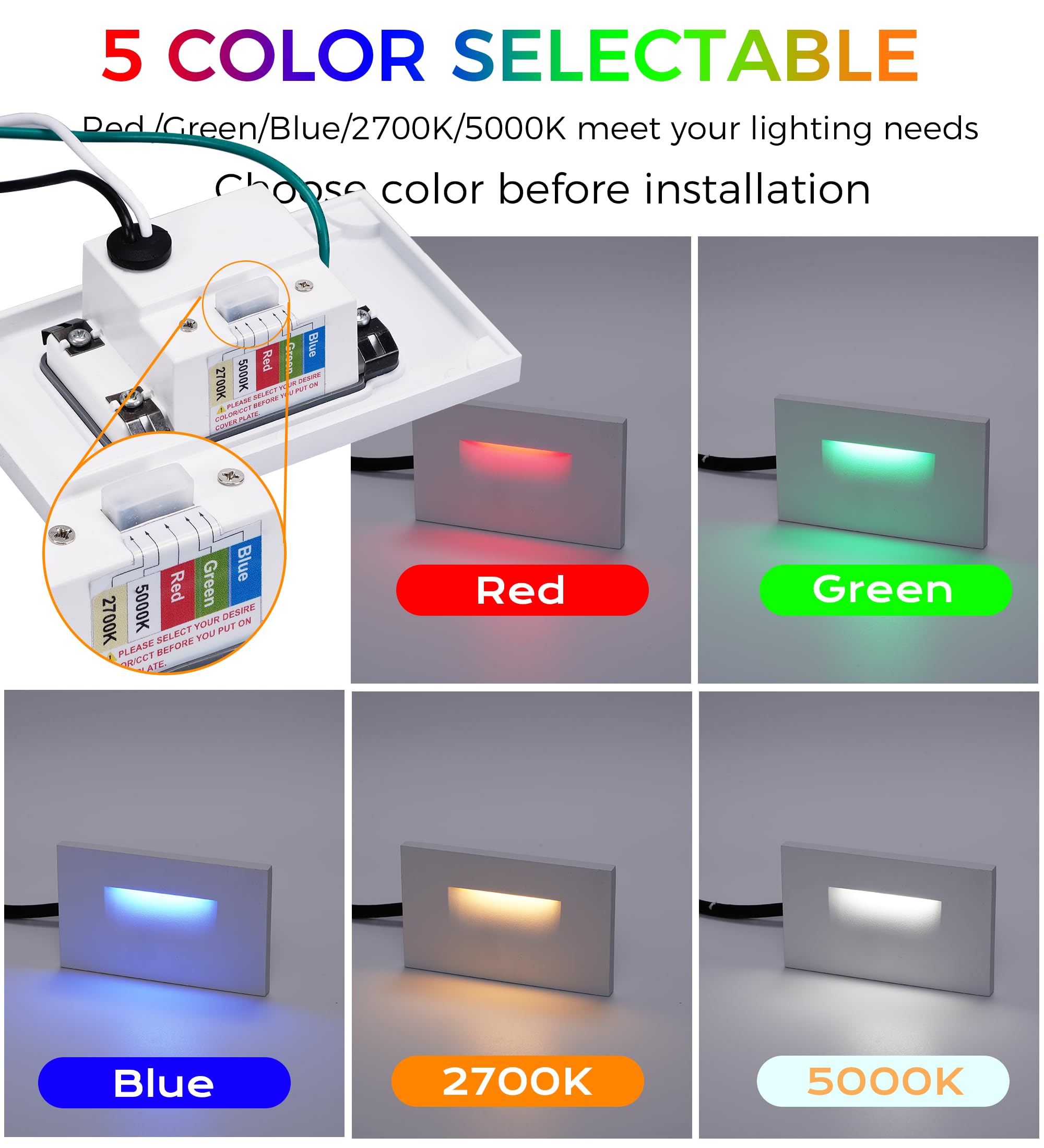 LED step light with 5-color selectable switch showing red, green, blue, 2700K warm white, and 5000K daylight