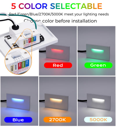 LED step light with 5-color selectable switch showing red, green, blue, 2700K warm white, and 5000K daylight