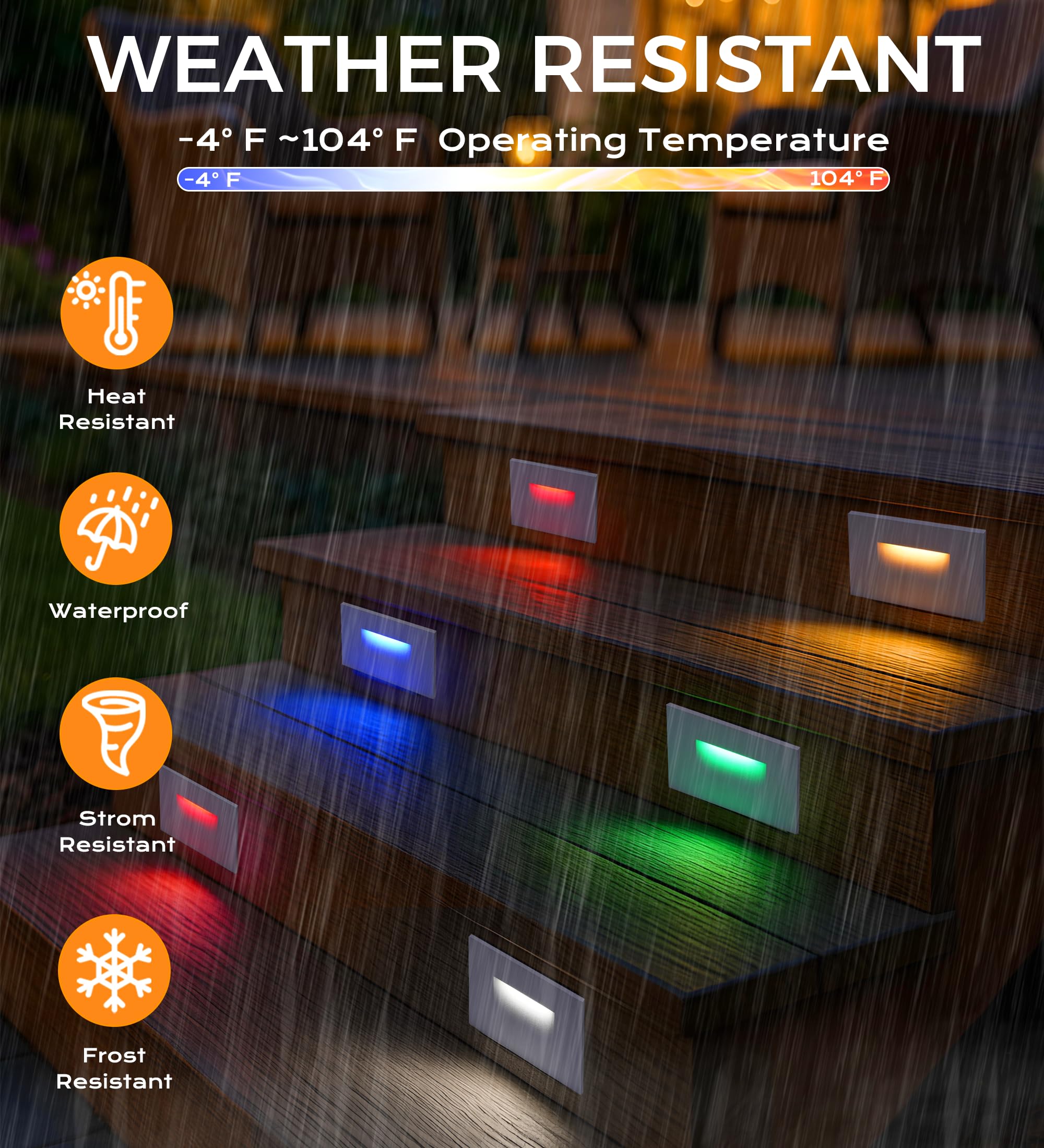 Color-changing LED step lights glowing red, blue, green, and warm white on outdoor wooden deck stairs in the rain