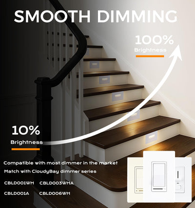 Staircase with warm LED step lights dimming from 10% to 100%, compatible with Cloudy Bay dimmer series