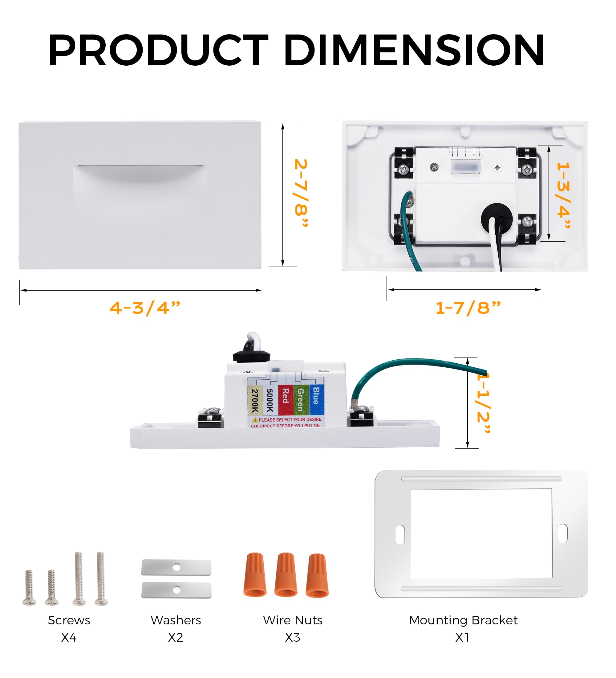 Dimension diagram of the step light with front, back and side views, plus screws, washers, wire nuts and bracket