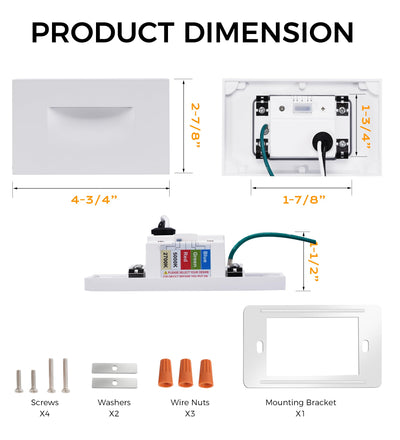 Dimension diagram of the step light with front, back and side views, plus screws, washers, wire nuts and bracket
