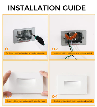 Four-step installation guide showing mounting bracket, wiring with wire nuts, and snapping the step light into place