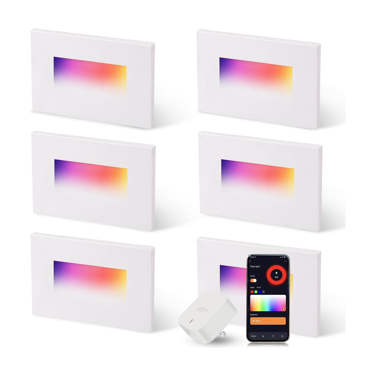 Cloudy Bay Six color-changing smart step lights glowing in different colors, shown with app, hub and 6-pack layout