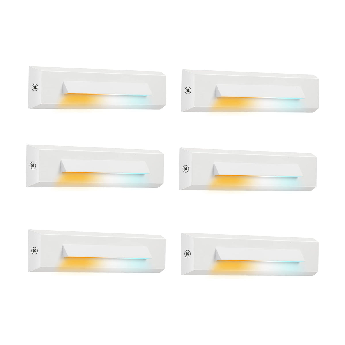 Cloudy Bay Six white step lights with louvered faceplates glowing warm amber, arranged in a 2x3 grid, 6-pack