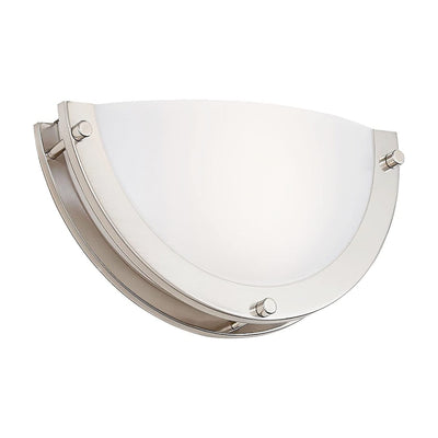 Brushed nickel half-moon LED wall sconce with white glowing panel, white-background studio shot