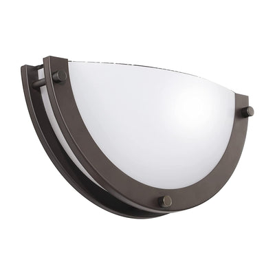Oil rubbed bronze half-moon LED wall sconce with white glowing panel, studio product shot