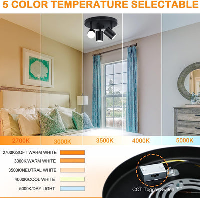 5CCT 3 Light Directional Ceiling Spotlight,Dimmable LED Track Light Heads,CRI90+,1800Lm for Hallway Kitchen Art, Black