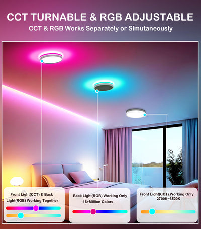 Round smart flush mount light emitting warm 2700K glow in a dark bedroom scene