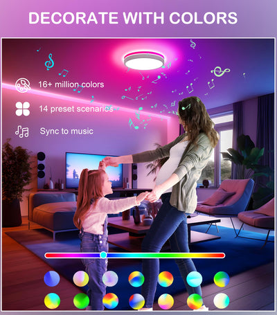 Smartphone app interface showing hue circle and color temperature slider for smart ceiling light