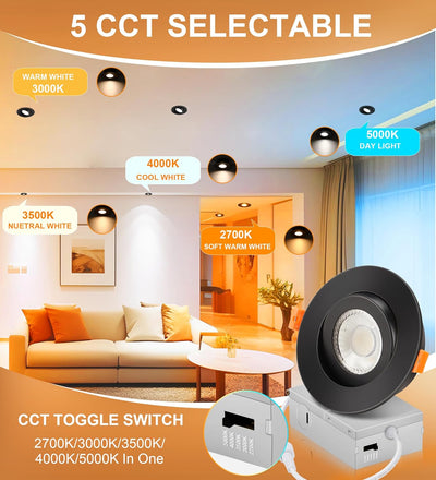4 inch Gimbal LED Recessed Gimbal Light with Junction Box,IC Rated,9.5W CRI90+, 5CCT, Dimmable Downlight, Black, 6 PCs