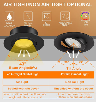 4 inch Gimbal LED Recessed Gimbal Light with Junction Box,IC Rated,9.5W CRI90+, 5CCT, Dimmable Downlight, Black, 6 PCs