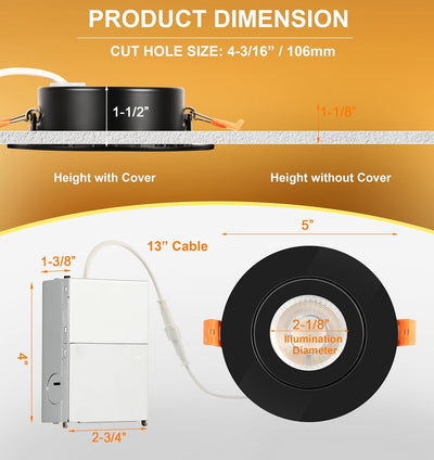 4 inch Gimbal LED Recessed Gimbal Light with Junction Box,IC Rated,9.5W CRI90+, 5CCT, Dimmable Downlight, Black, 6 PCs