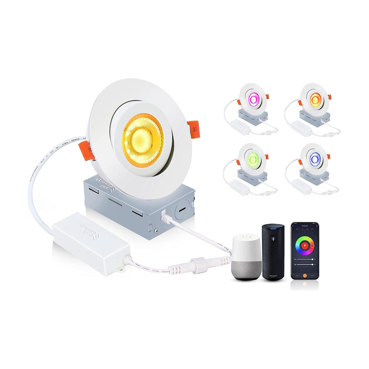 Smart white gimbal recessed light kit with driver beside four color-glowing lights in a 2x2 grid
