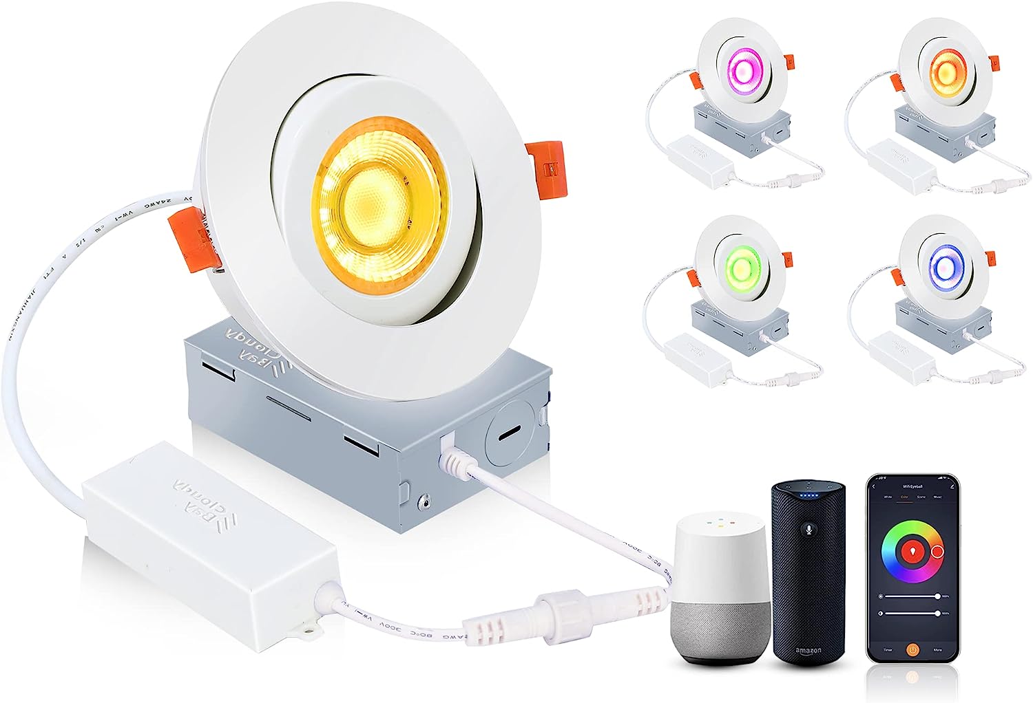 4 inch Eyeball Smart LED Recessed Light,Color Changing Recessed Lighting,Compatible with Alexa and Google Home Assistant,4 PCs
