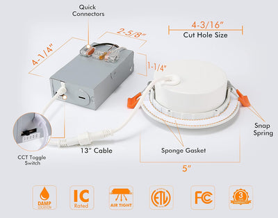 4 inch Gimbal LED Recessed Gimbal Light with Junction Box,IC Rated,9.5W CRI90+, 5CCT, Dimmable Downlight, White, 6 PCs