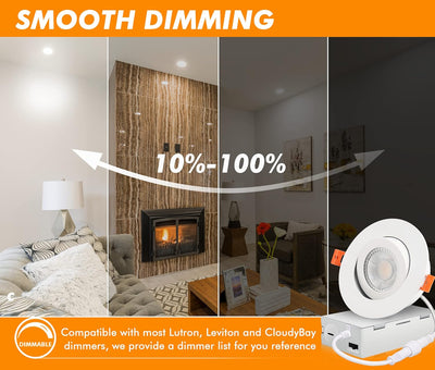 4 inch Gimbal LED Recessed Gimbal Light with Junction Box,IC Rated,9.5W CRI90+, 5CCT, Dimmable Downlight, White, 6 PCs