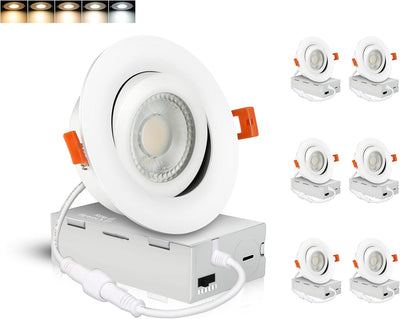 4 inch Gimbal LED Recessed Gimbal Light with Junction Box,IC Rated,9.5W CRI90+, 5CCT, Dimmable Downlight, White, 6 PCs