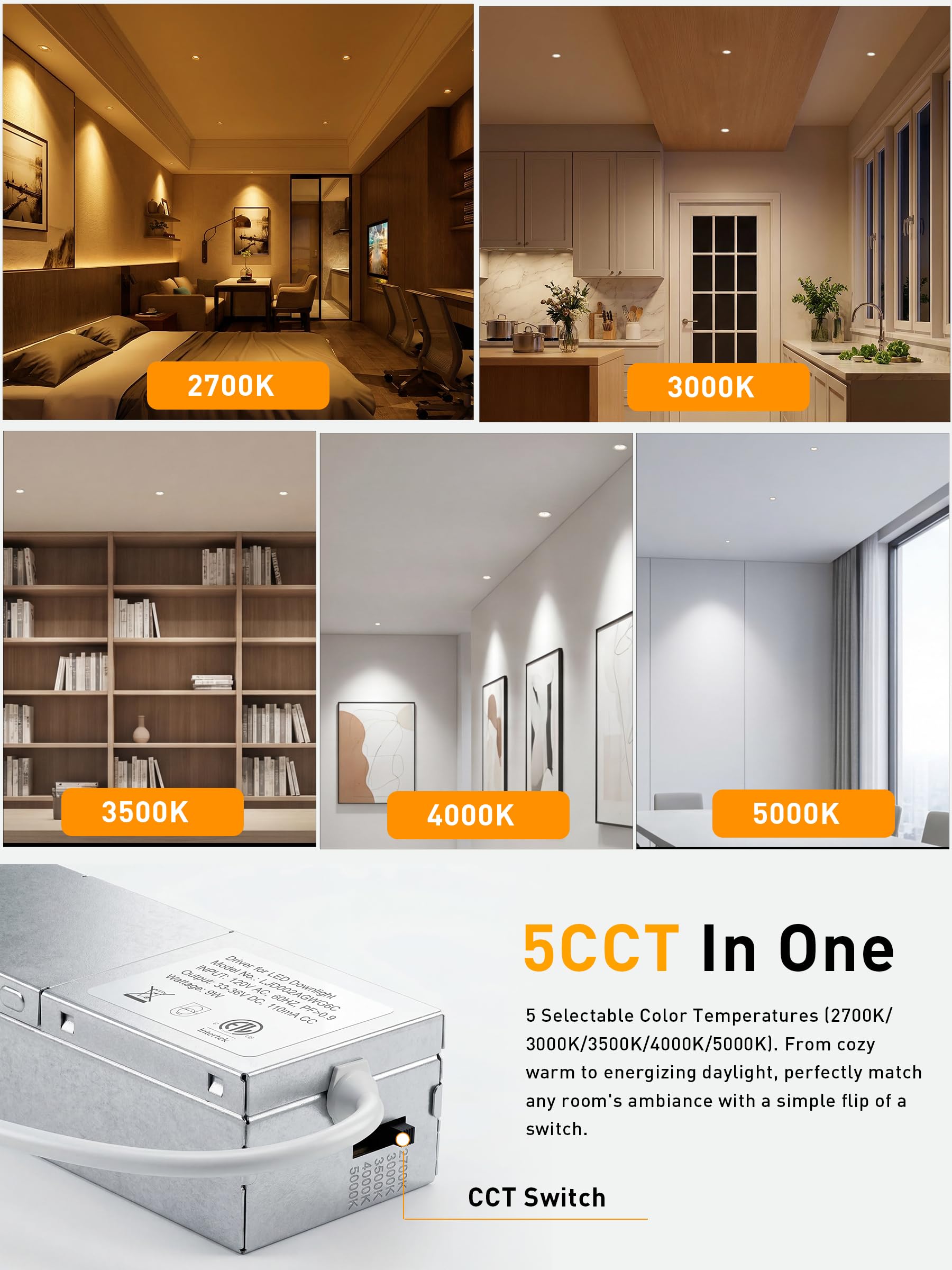 Cutout and fixture dimensions for the 3-inch trimless 5CCT downlight