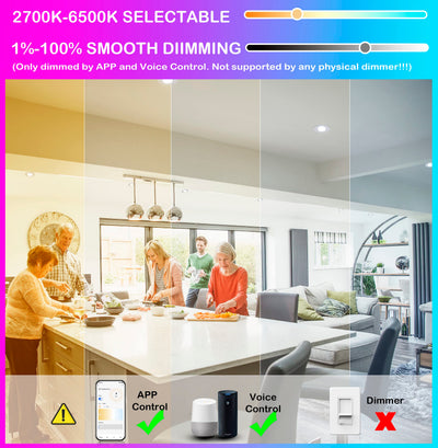 App control: color wheel, CCT and brightness sliders, scenes, schedules and music sync