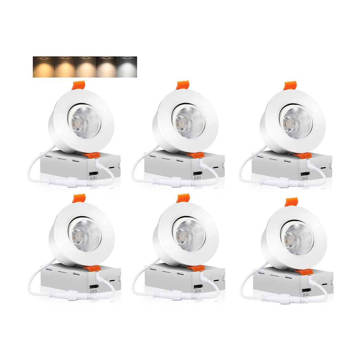 White 3-inch adjustable eyeball downlight six-pack with junction boxes in two rows, orange spring clips, top five color temperature swatches