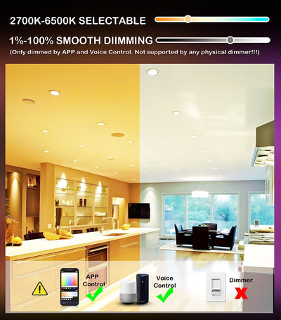 Smart LED Recessed Ceiling Light, Canless Baffle Trim Wafer Downlight