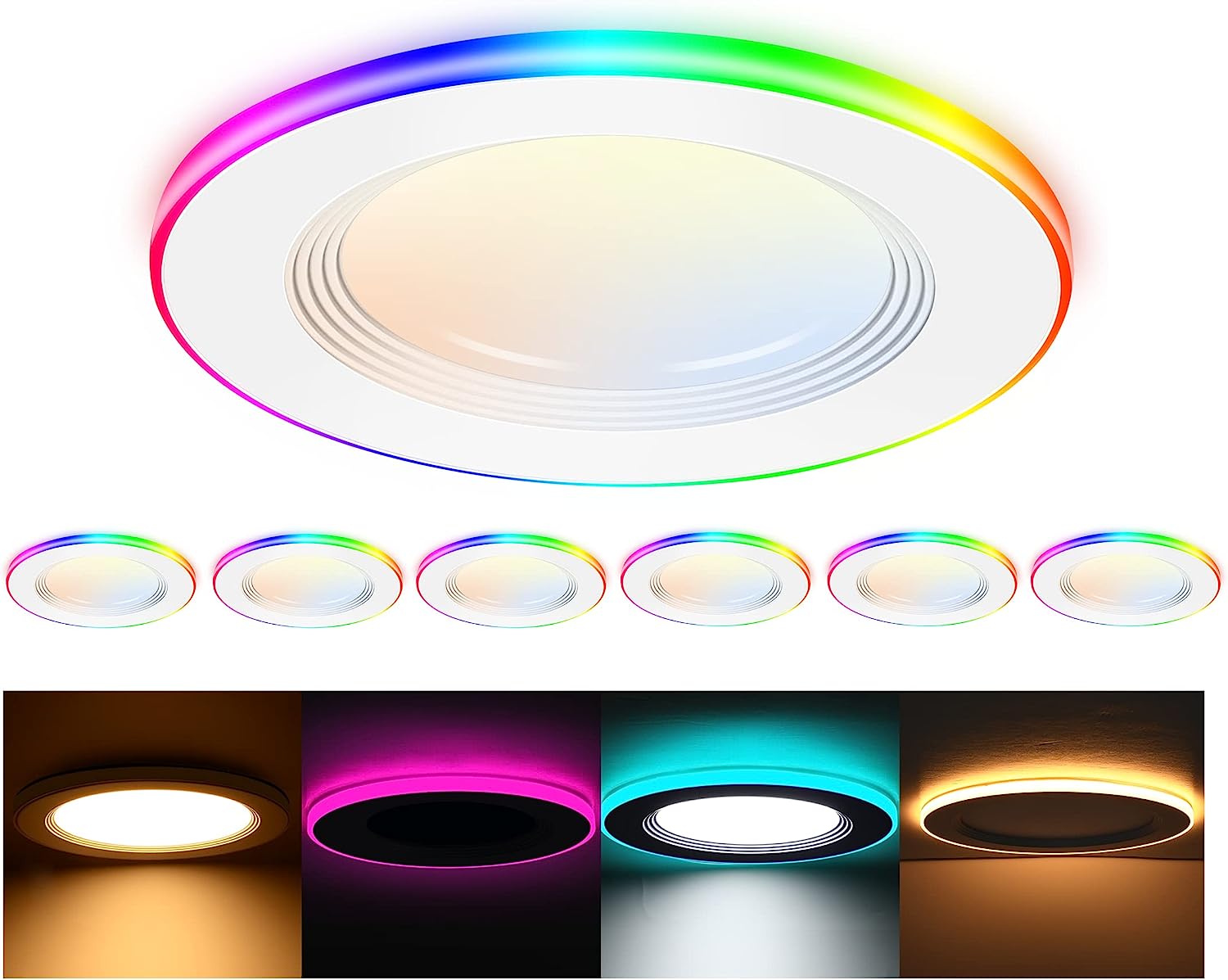 [6 Pack] 4 Inch Smart LED Recessed Ceiling Light with RGB Back Light,10W 2700K-6500K,2W Color Changing Ultra-Thin Recessed Lighting,Canless Baffle Trim Wafer Downlight