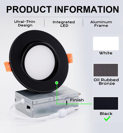 Black 4-inch swivel gimbal recessed light with junction box, ultra-thin design, aluminum frame and 5CCT switch