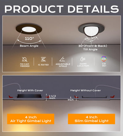 4-inch black LED gimbal recessed light details: 110° beam angle, 30° tilt, IC rated, damp location, CRI 90+