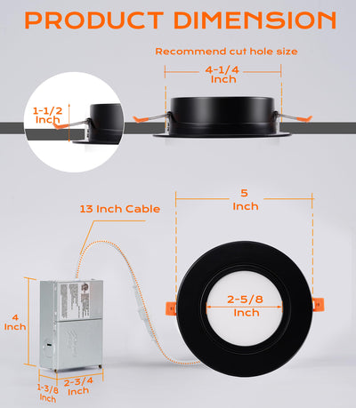 Dimension diagram of the black 4-inch 5CCT gimbal recessed light showing 5-inch trim, 4-1/4 inch cutout and junction box