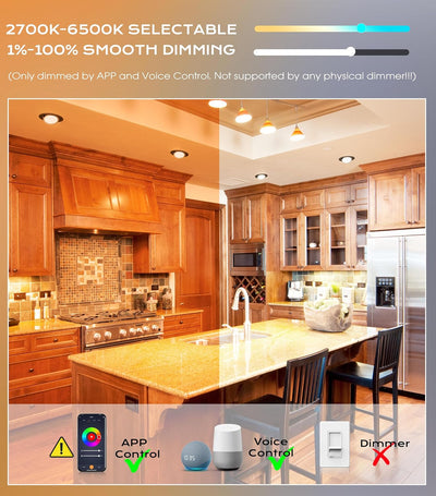 Smart WiFi LED Recessed Lights, 4 inch Gimbal, RGBCW Color Changing, Black, 4 PCs