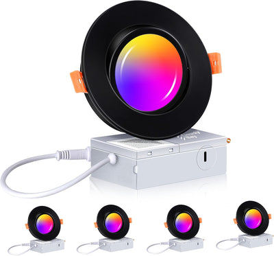 Smart WiFi LED Recessed Lights, 4 inch Gimbal, RGBCW Color Changing, Black, 4 PCs