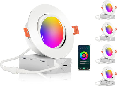 Smart WiFi LED Recessed Lights, 6 inch Gimbal, RGBCW Color Changing, White, 4 PCs