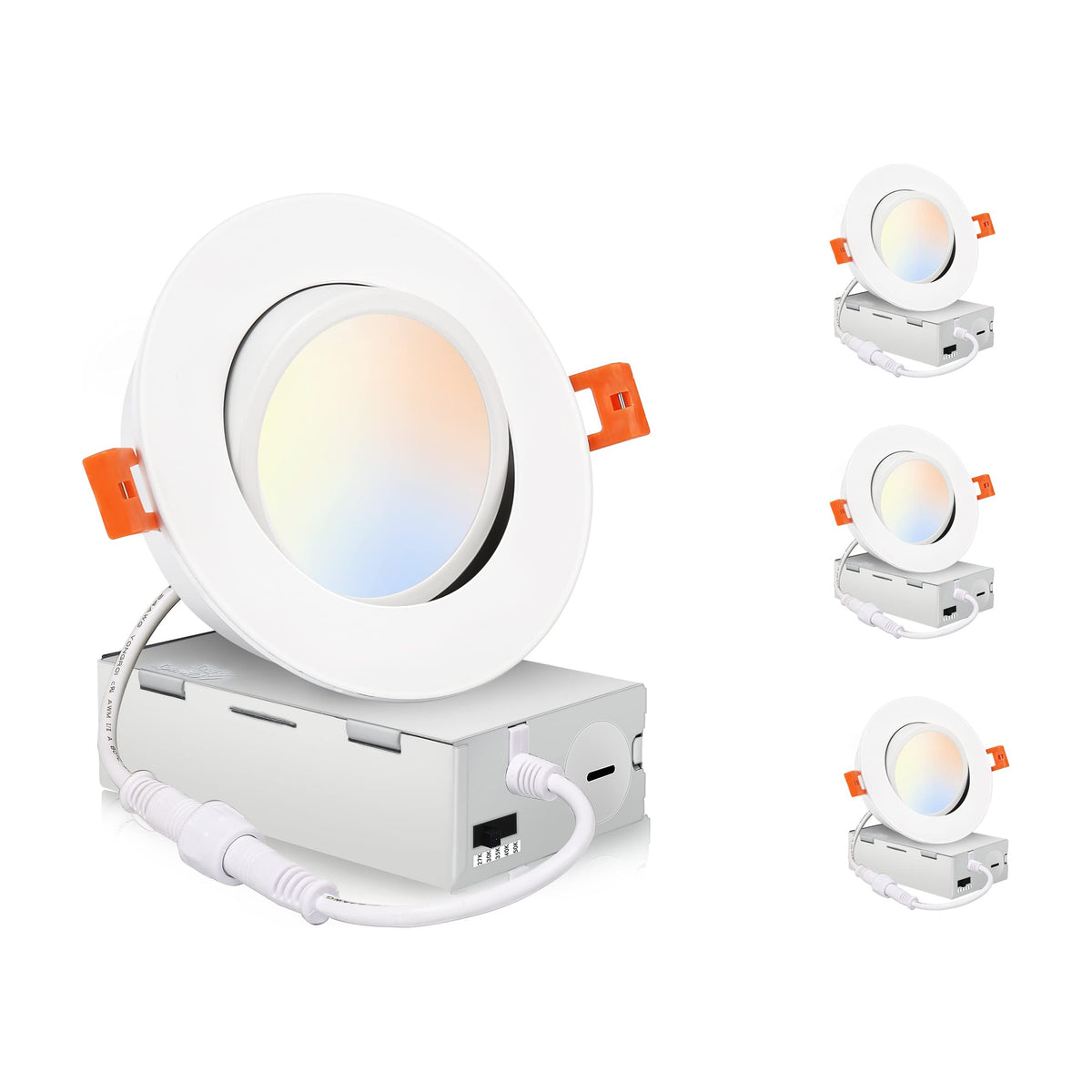 Cloudy Bay 4-pack white swivel gimbal recessed lights with junction boxes, one angled forward with three stacked