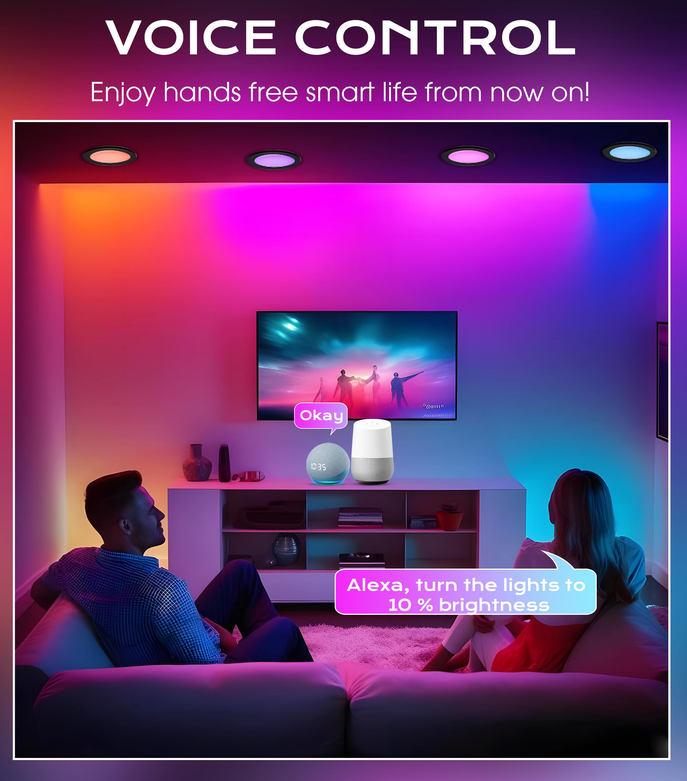 Voice control with Alexa and Google Home, color glow and app grouping