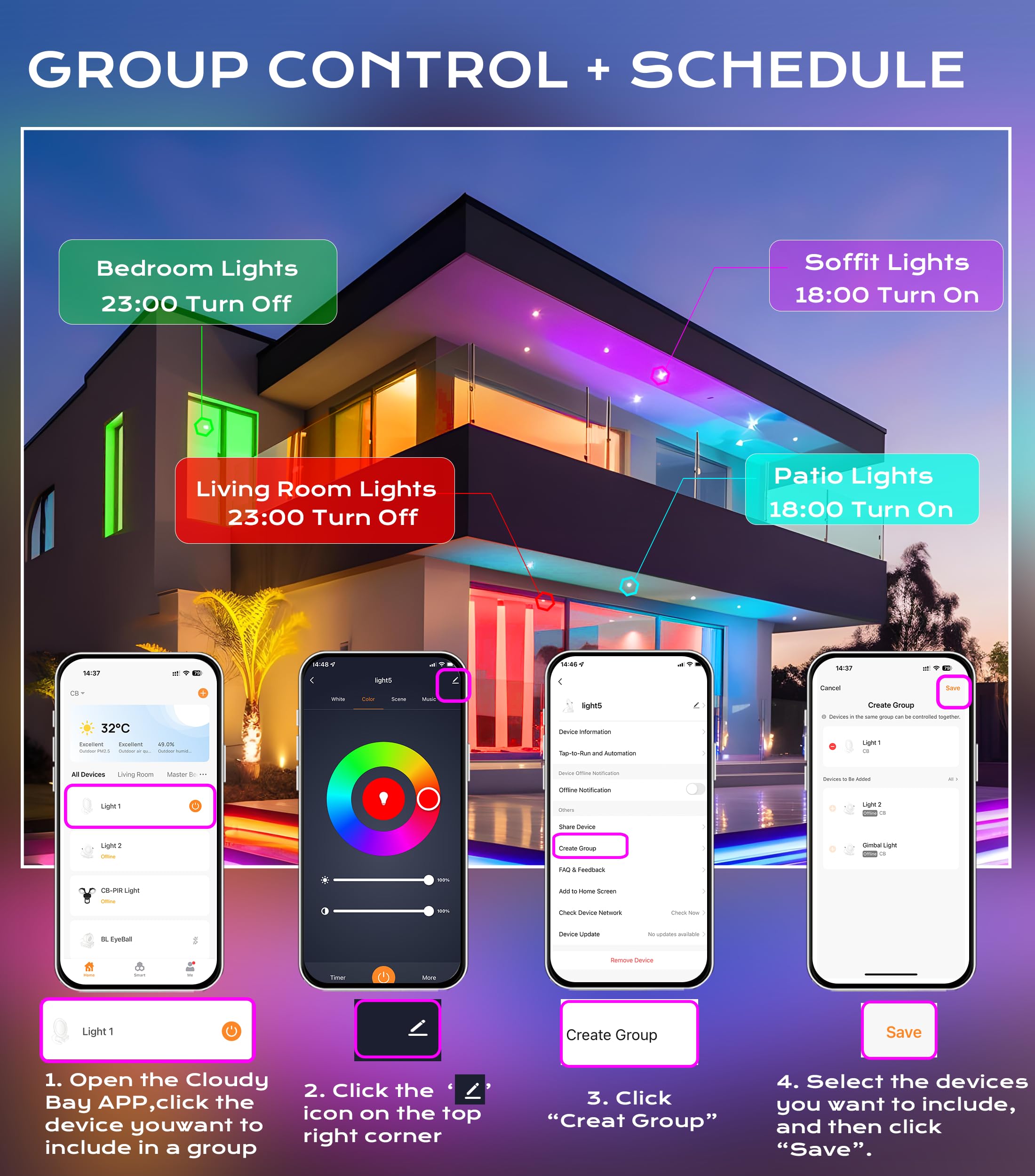 RGBCW modes chart: RGB colors, 2700K-6500K white steps, brightness scale