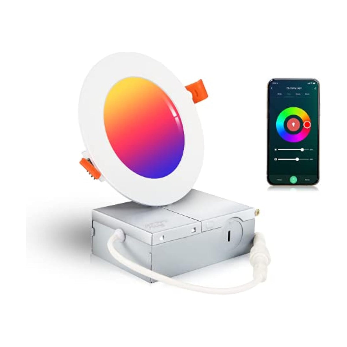White smart RGB downlight kit with junction box and driver, glowing color option insets and smart speaker icons