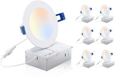 Ultra-Thin LED Recessed Ceiling Light with Junction Box, 4 inch, 3CCT, Dimmable 10W CRI 90+ Downlight, IC Rated, Air Tight, ETL/JA8, White Finish, 6 PCs