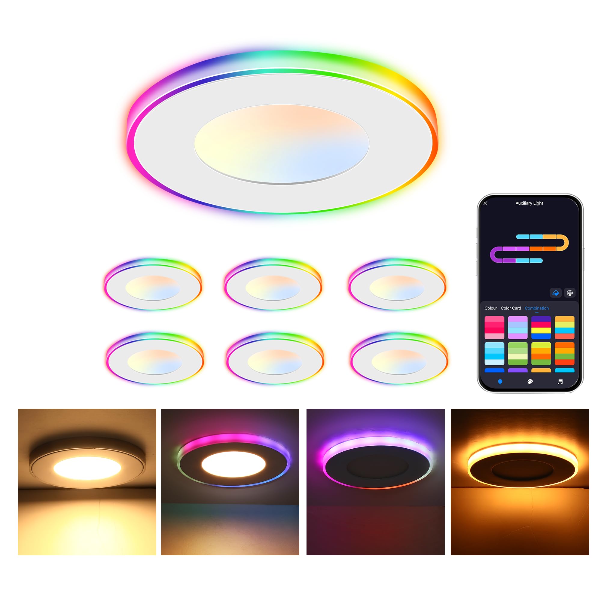 Cloudy Bay 6-pack of 3-inch RGB smart recessed downlights, white background