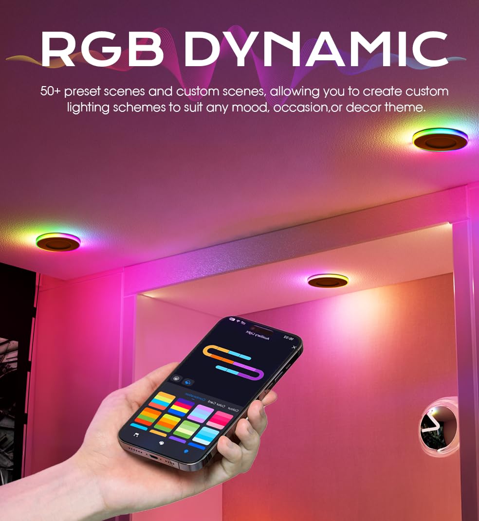 3-inch downlights glowing in color across a ceiling at night