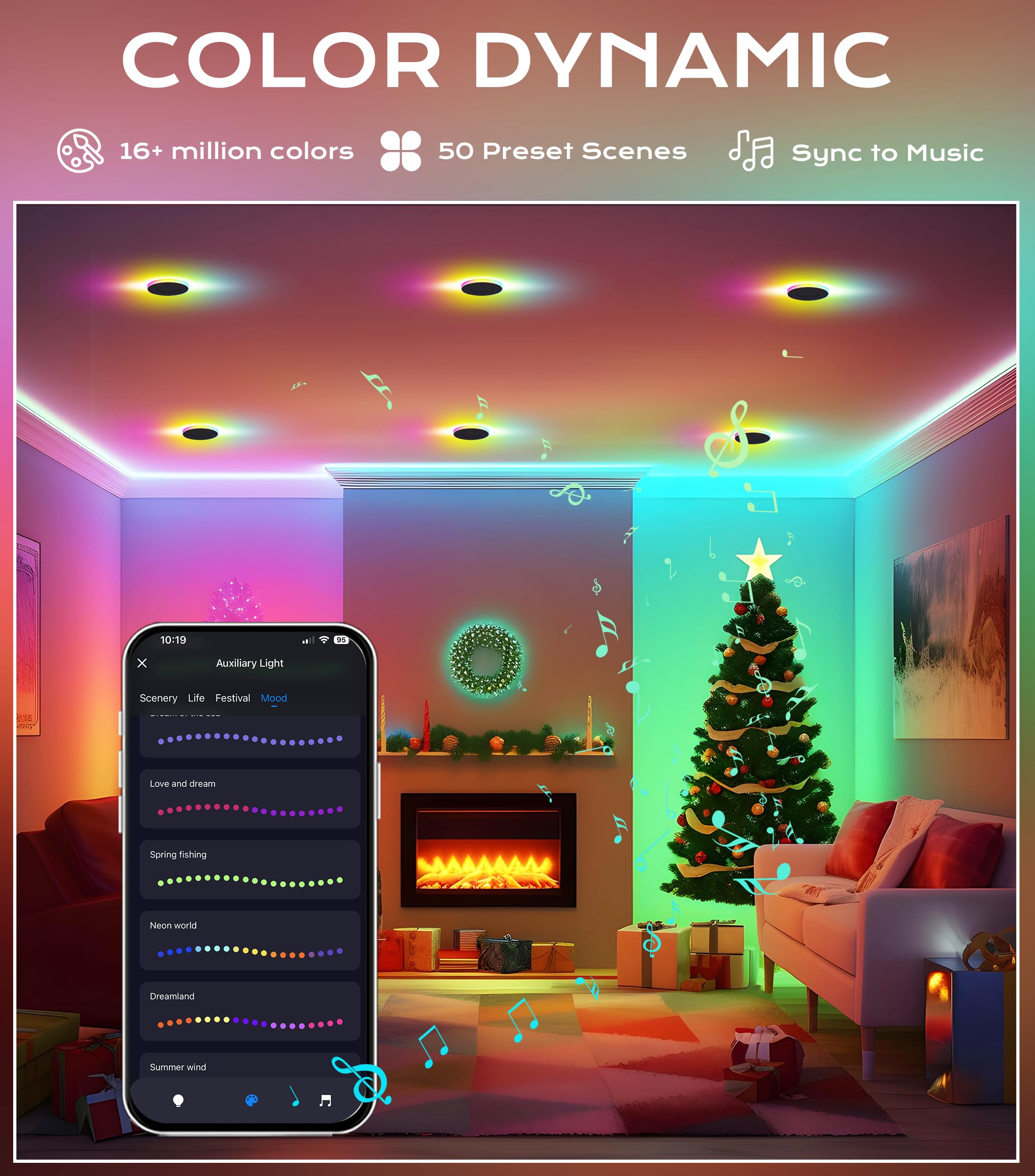 Bedroom ceiling at night with downlights in soft night-light or color mode