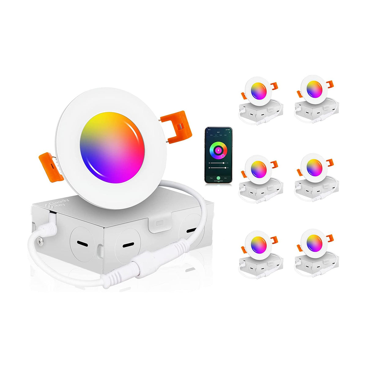White smart LED downlight six-pack with junction boxes in two rows and one large angled unit in front