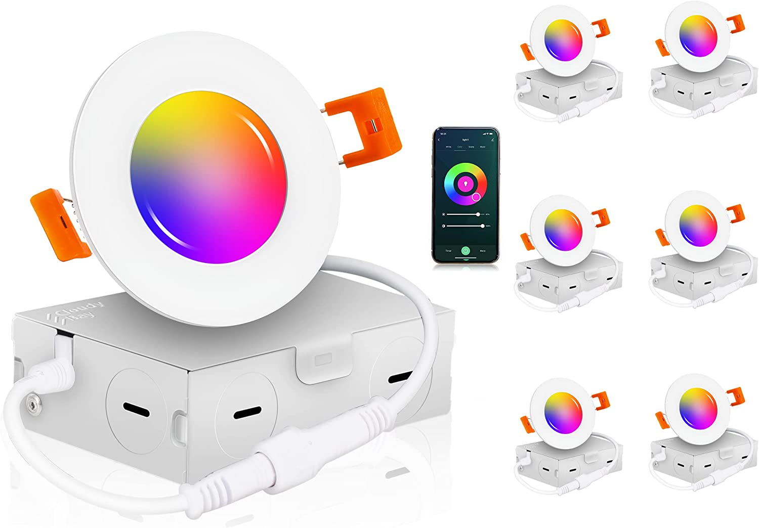 Smart Wifi Ultra Thin LED Recessed Light with Junction Box, 3 Inch,RGB CW Color Changing, Compatible with Alexa and Google Home Assistant, 2700K-6500K, CRI90+, Type IC, WET Location