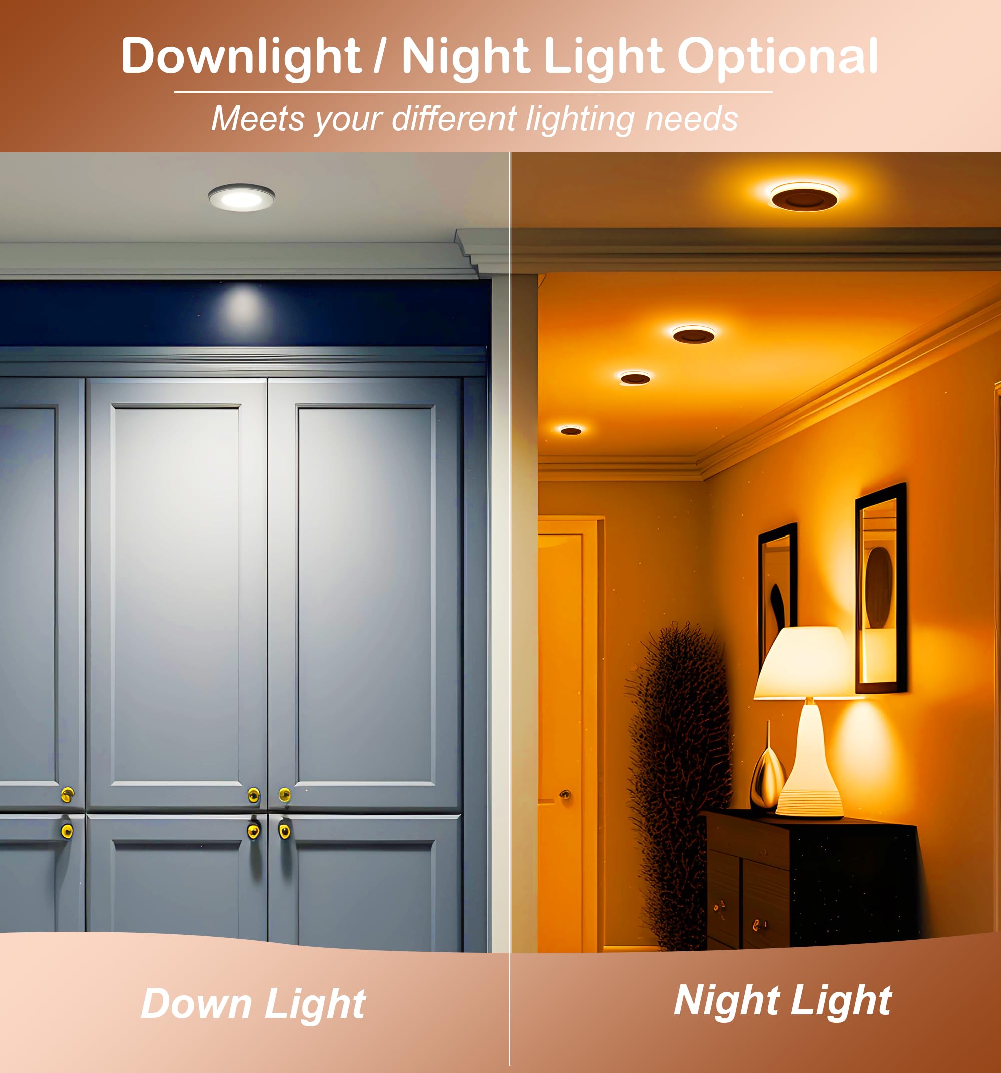 Bedroom ceiling at night with downlights in soft night-light or color mode