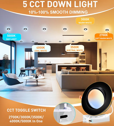 6 inch Swivel LED Gimbal Recessed Light with Night Light, 120V CRI90+, 5CCT, Black Finish, 4 PCs