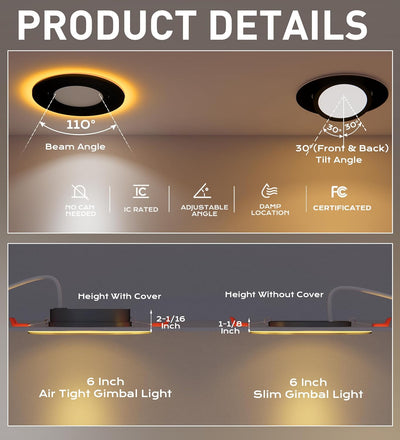 6 inch Swivel LED Gimbal Recessed Light with Night Light, 120V CRI90+, 5CCT, Black Finish, 4 PCs