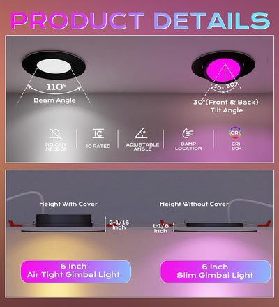 Smart WiFi LED Recessed Lights, 6 inch Gimbal, RGBCW Color Changing, Black, 4 PCs