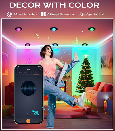 Smart WiFi LED Recessed Lights, 6 inch Gimbal, RGBCW Color Changing, Black, 4 PCs