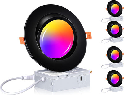 Smart WiFi LED Recessed Lights, 6 inch Gimbal, RGBCW Color Changing, Black, 4 PCs